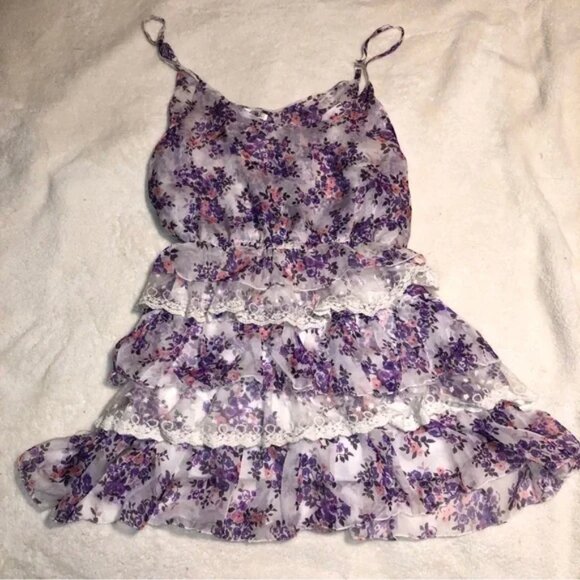 Paradis Miss Purple Floral Mini Dress Lace Adjustable Spaghetti Straps Large - Picture 1 of 4